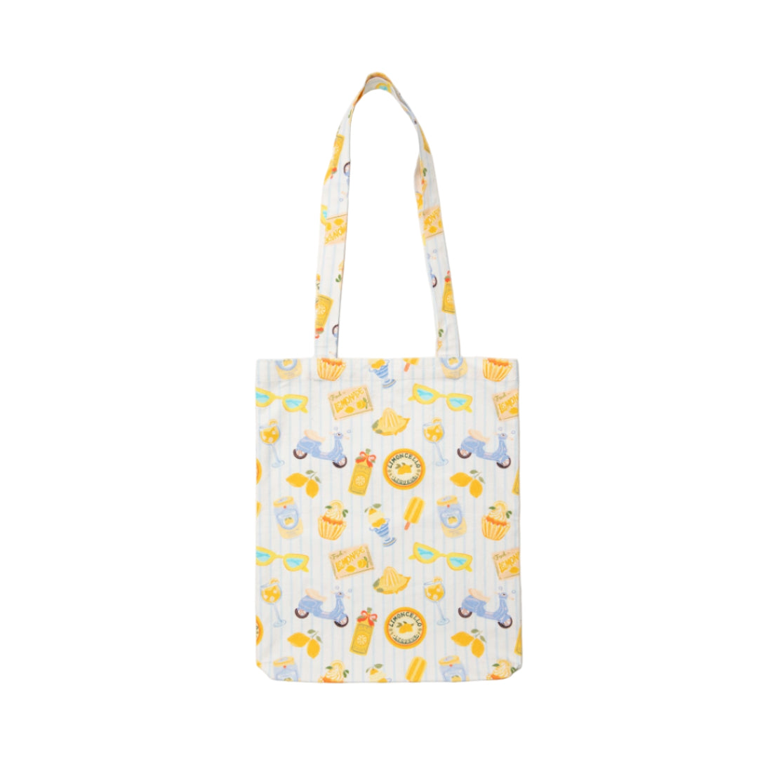 Tote bag with lemon treats on a white background