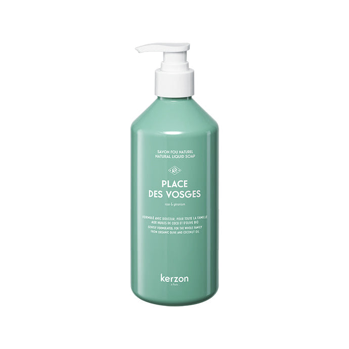 A green pump bottle of Kerzon Place des Vosges liquid soap.