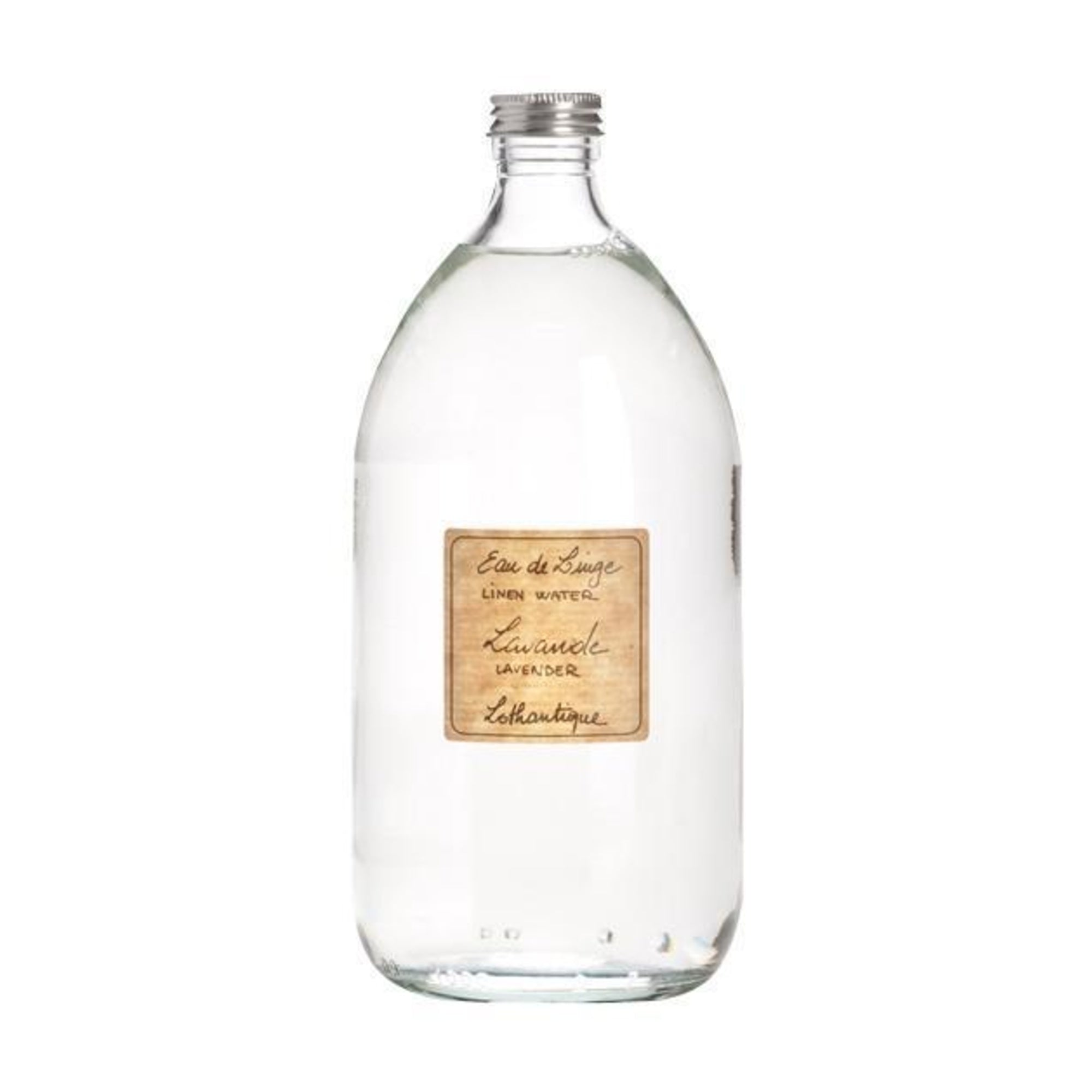 Clear glass bottle with a beige label on a white background