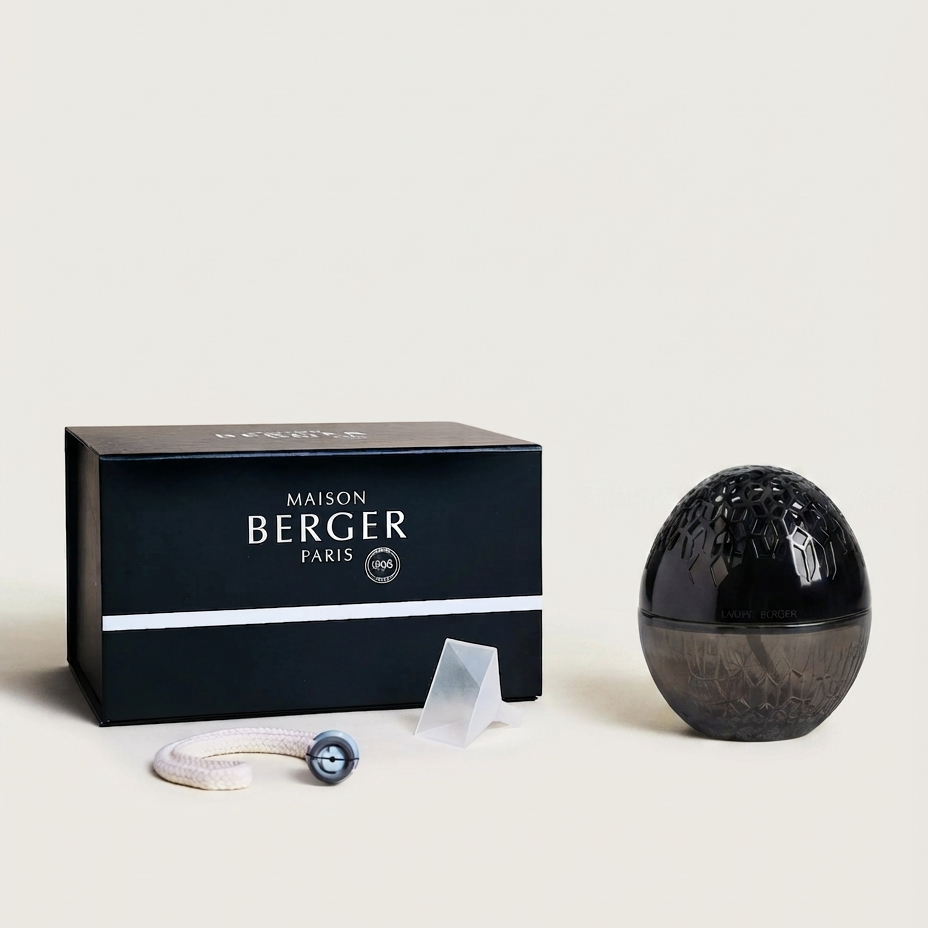 Maison Berger Paris Lamp bottle and packaging box. The bottle is a dark, textured egg-shaped glass container.
