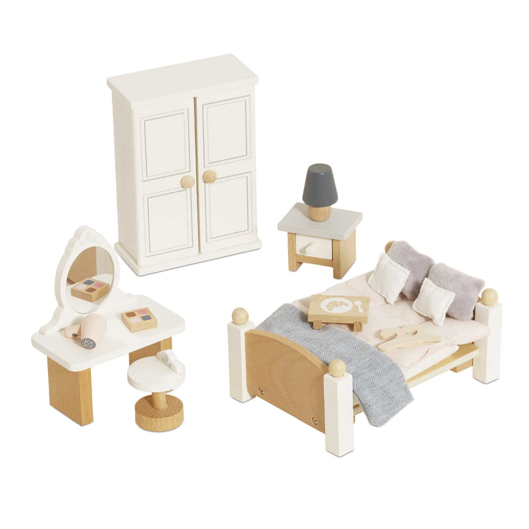 Set of wooden furniture including a bed, wardrobe, and vanity table on a white background