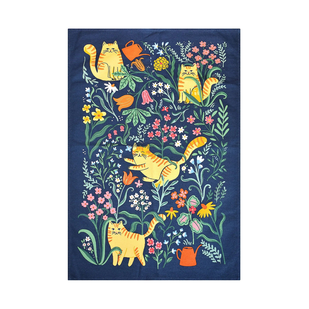 Decorative towel with cats and flowers on a blue background