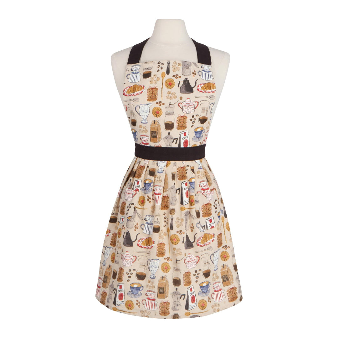 Patterned apron on a mannequin against a white background