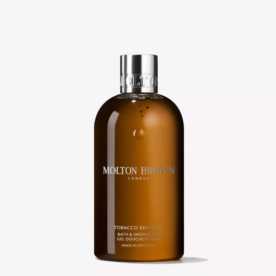 Molton Brown bath and shower gel bottle on a white background