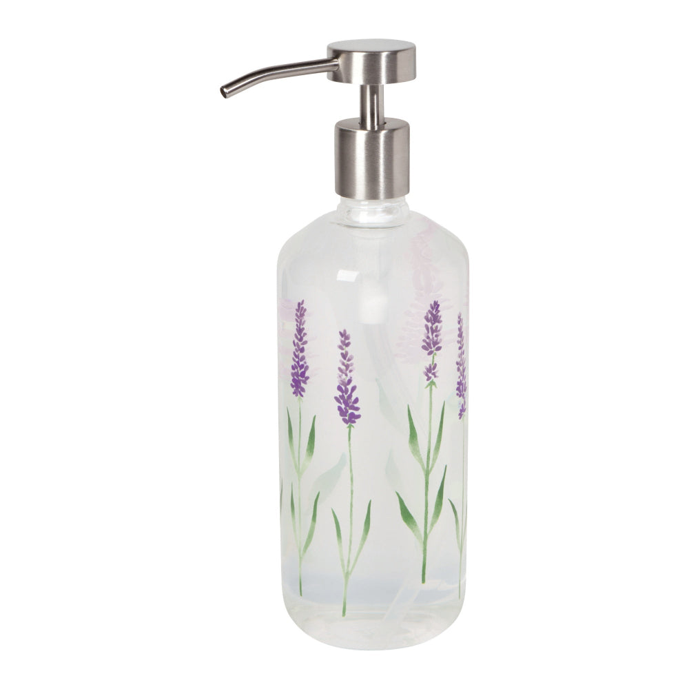 Clear soap dispenser with lavender design on a white background