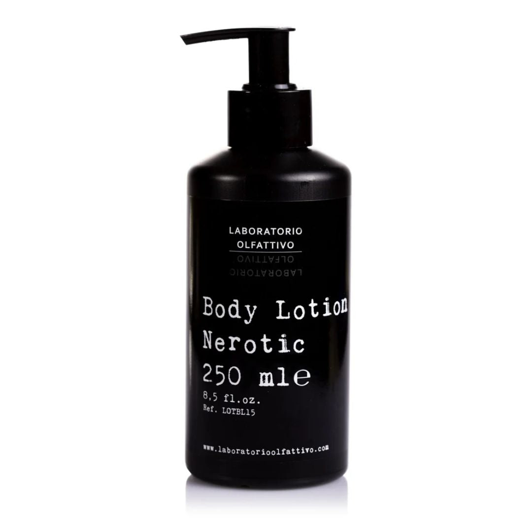 Black body lotion bottle with white text on a white background