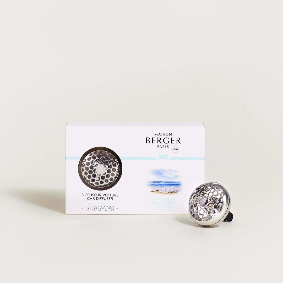 Maison Berger Paris Ocean Breeze car diffuser kit packaging with a clip-on diffuser visible through the box window.