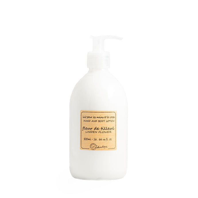 A white pump bottle of Authentique Linden Flower Hand & Body Lotion.