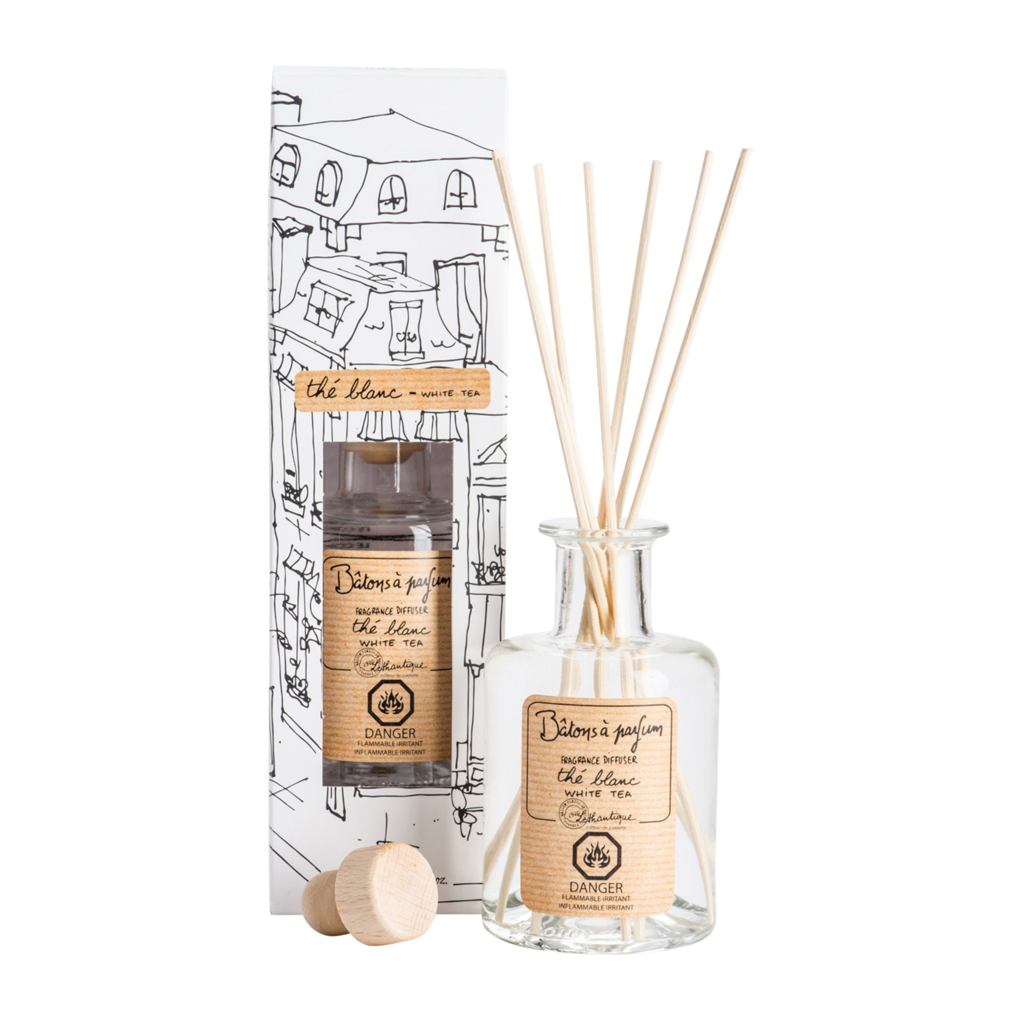 Diffuser set with glass bottle and wooden sticks on a white background