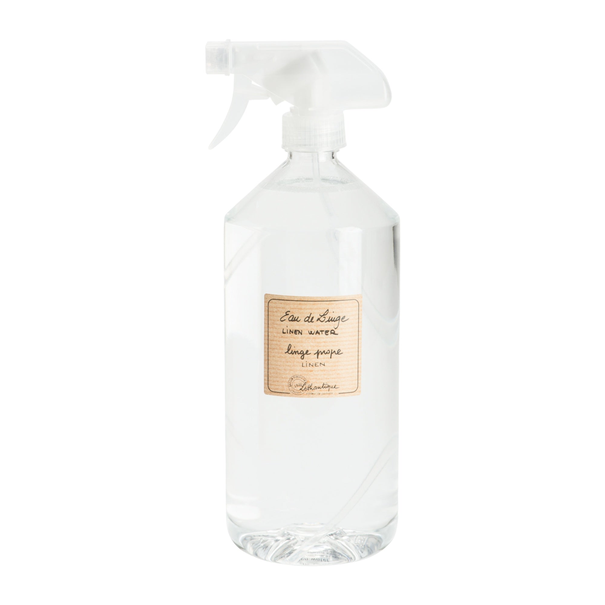 Clear spray bottle with a label on a white background