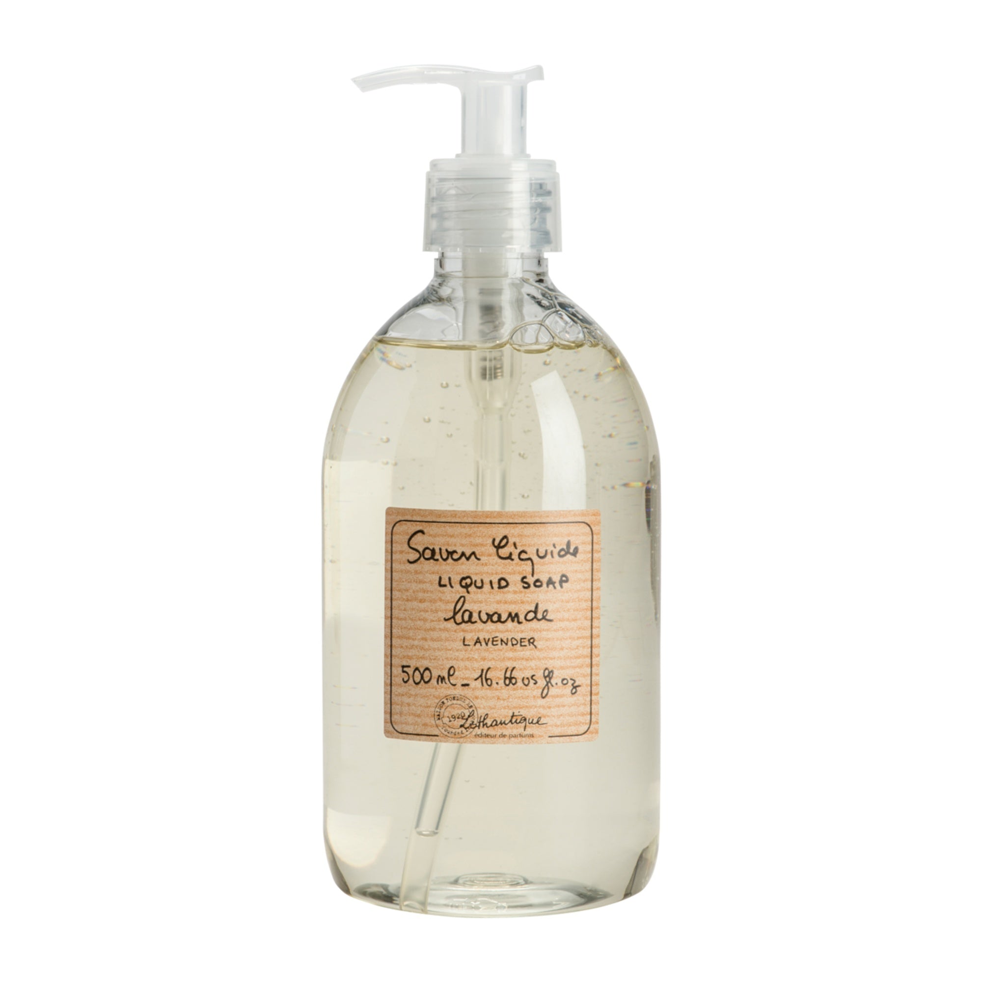 Clear liquid soap bottle with pump and lavender label on a white background