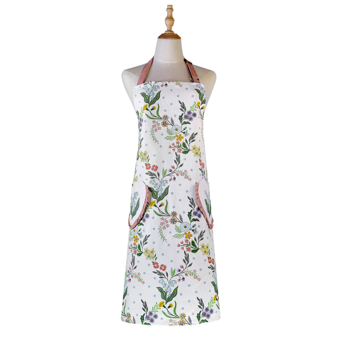 Floral apron on a mannequin against a white background
