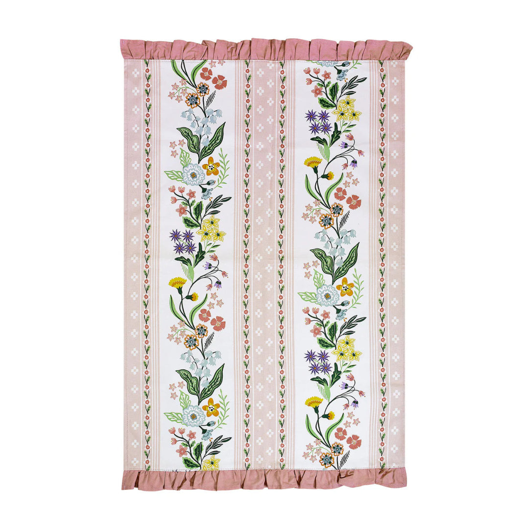 Floral patterned tea towel with pink trim on a white background