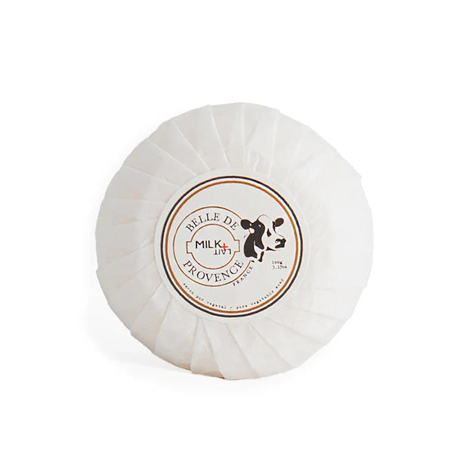 A packaged bar of soap with 'Belle de Provence' branding and a graphic of a cow, indicating it is a milk-scented soap.