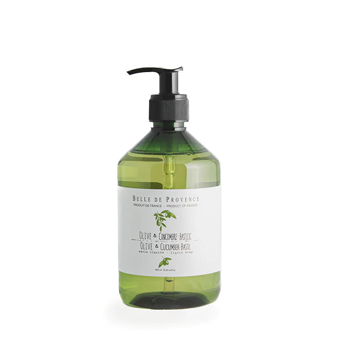 A clear pump bottle of Belle de Provence Olive Cucumber-Basil Liquid Soap with a label that includes the product name and the word 'Provence'.