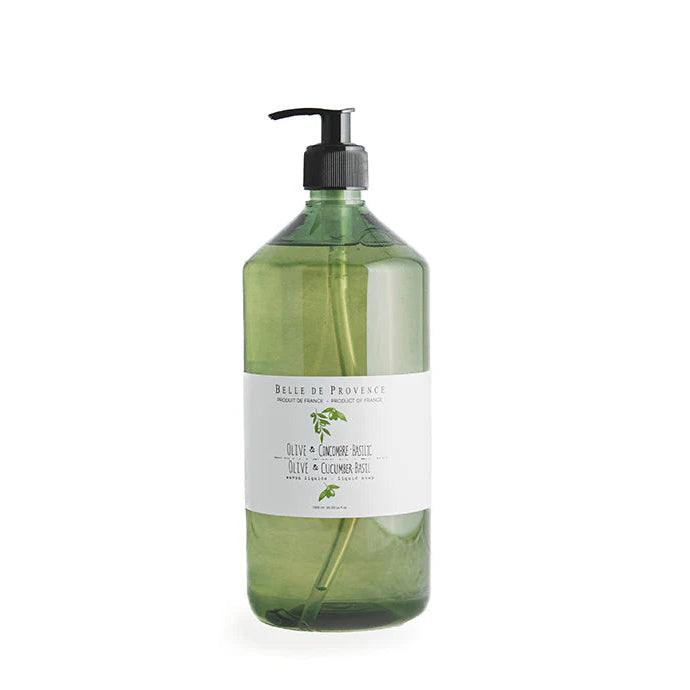 A clear pump bottle of Belle de Provence Olive Cucumber-Basil Liquid Soap with a label that includes the product name and the word 'Provence'.
