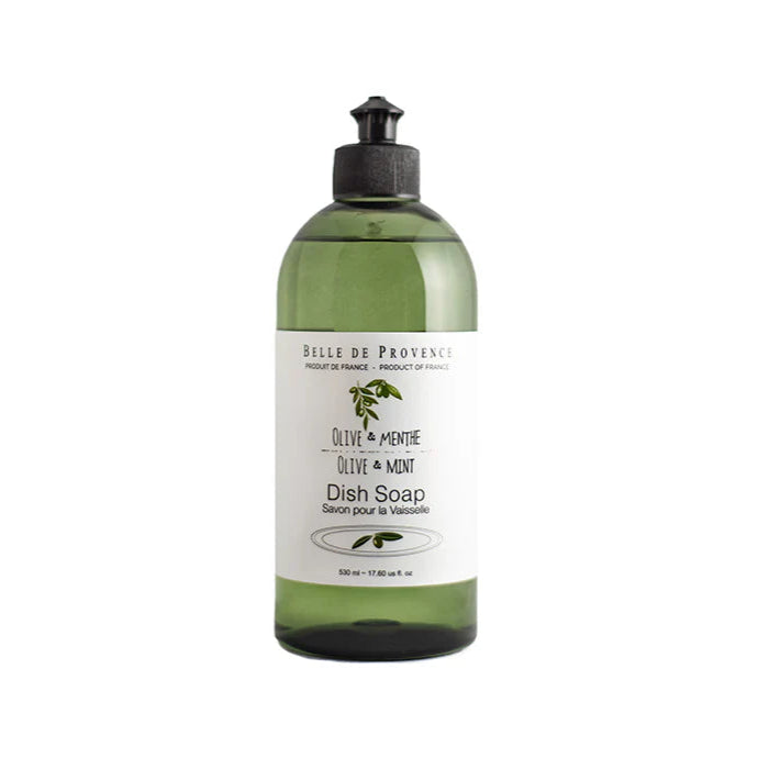 Bottle of Belle de Provence Olive & Mint Dish Soap on a white background