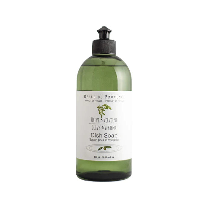Bottle of Belle de Provence dish soap with olive and verbena label on a white background