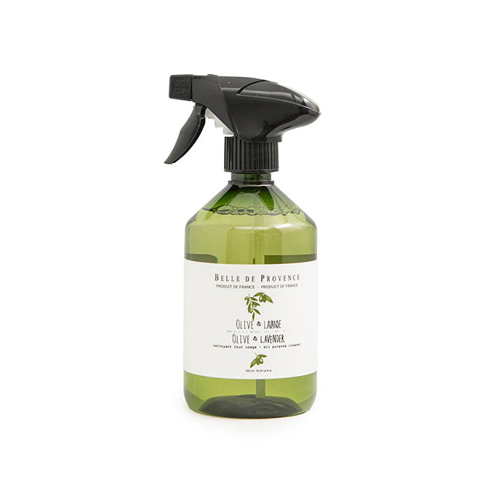 Green spray bottle with black nozzle on a white background