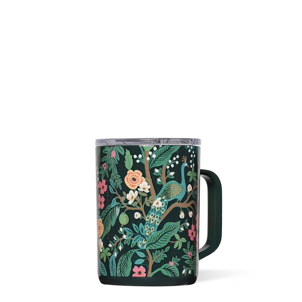 A floral patterned blue ceramic coffee mug with a handle.