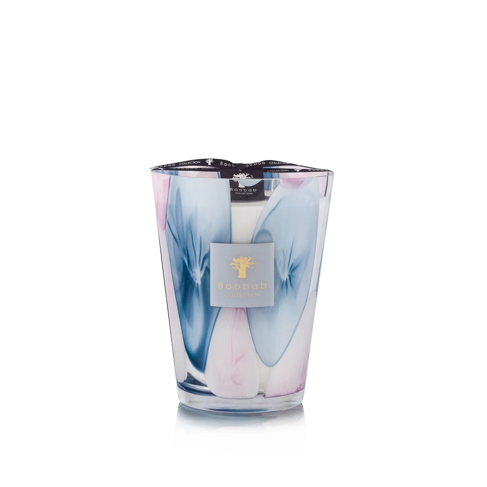 A set of Baobab Riviera Leopolda scented candles in various sizes with transparent glass and pink and blue floral patterns.
