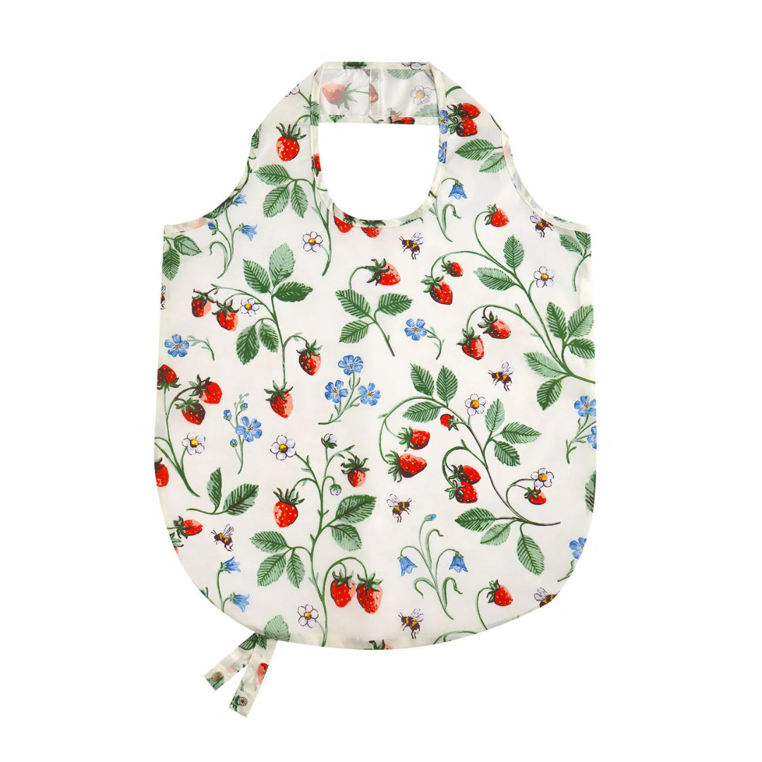 Reusable shopping bag with strawberry pattern on a white background