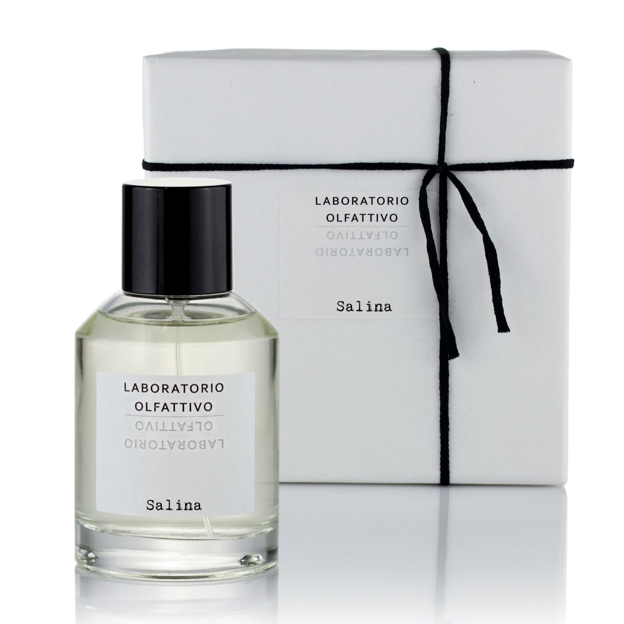 A clear glass bottle of Salina 100ml Eau de Parfum with a black cap, displayed next to its white packaging box with the brand name and product title visible.