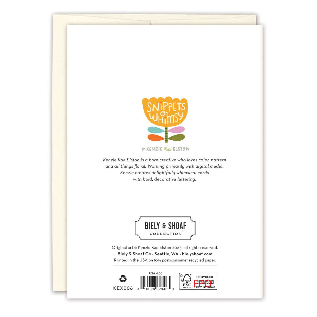 Back of a card with 'Snippets & Whims' branding and text.