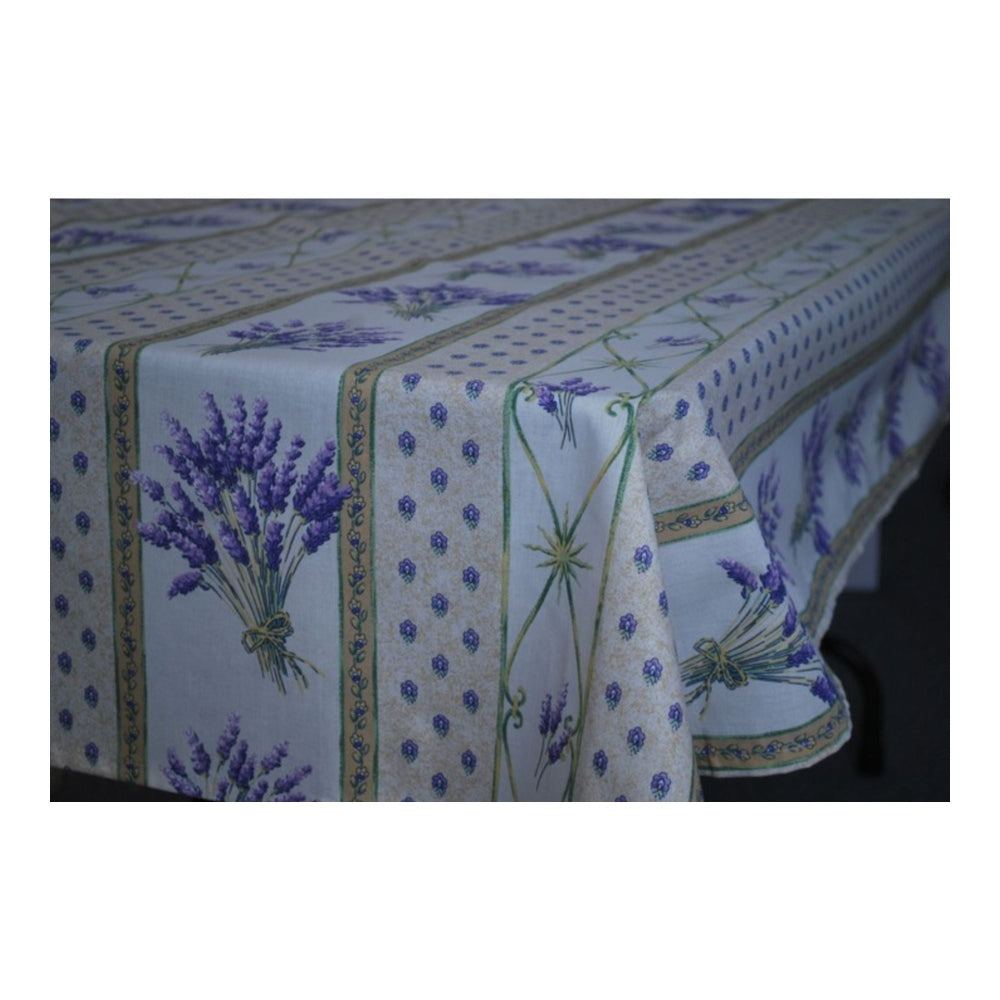 Tablecloth with lavender design on a white background