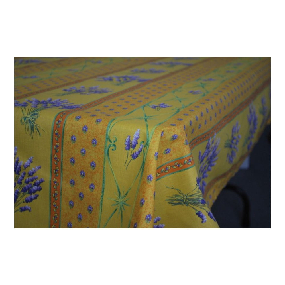 Yellow tablecloth with lavender pattern on a white background