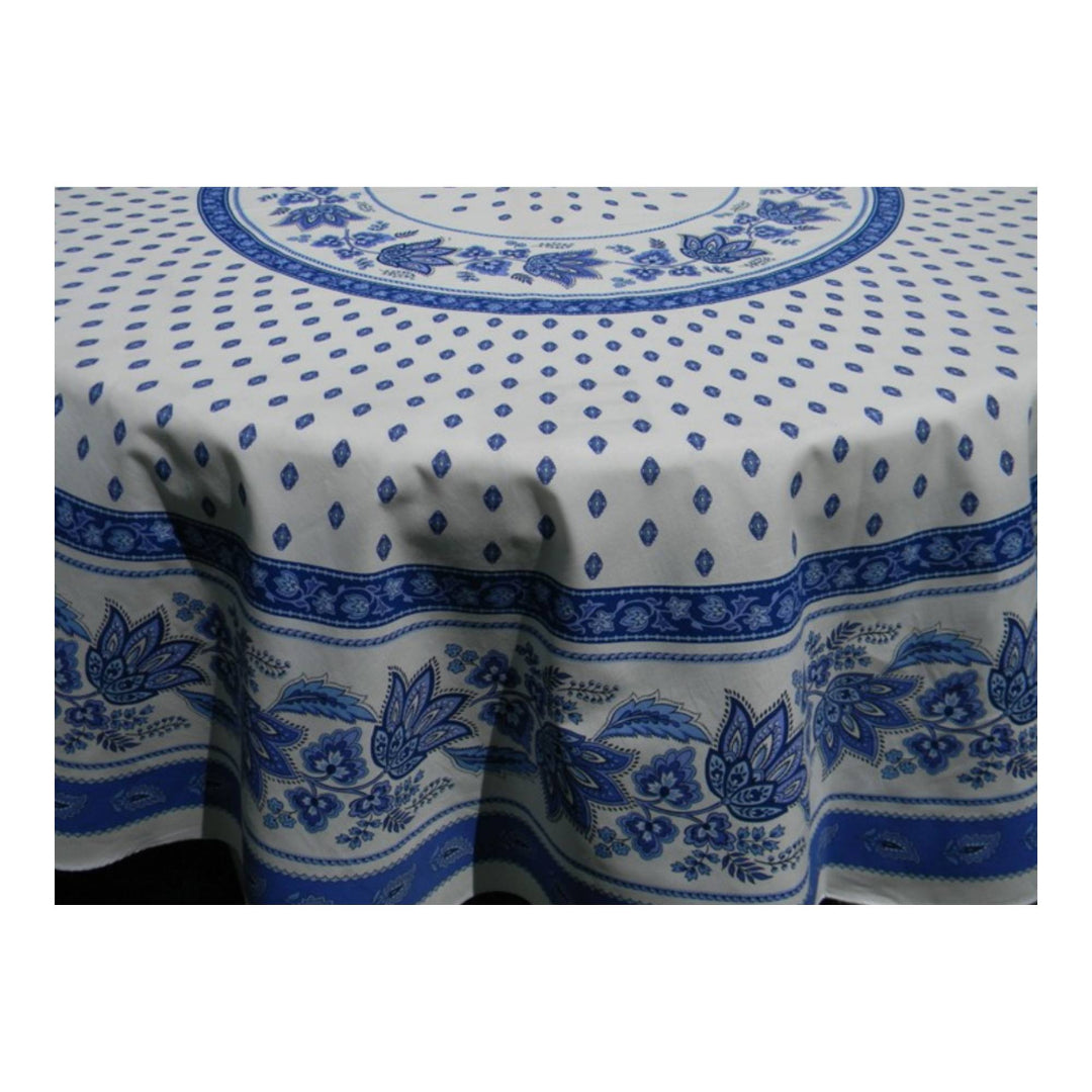White tablecloth with blue floral patterns on a white background