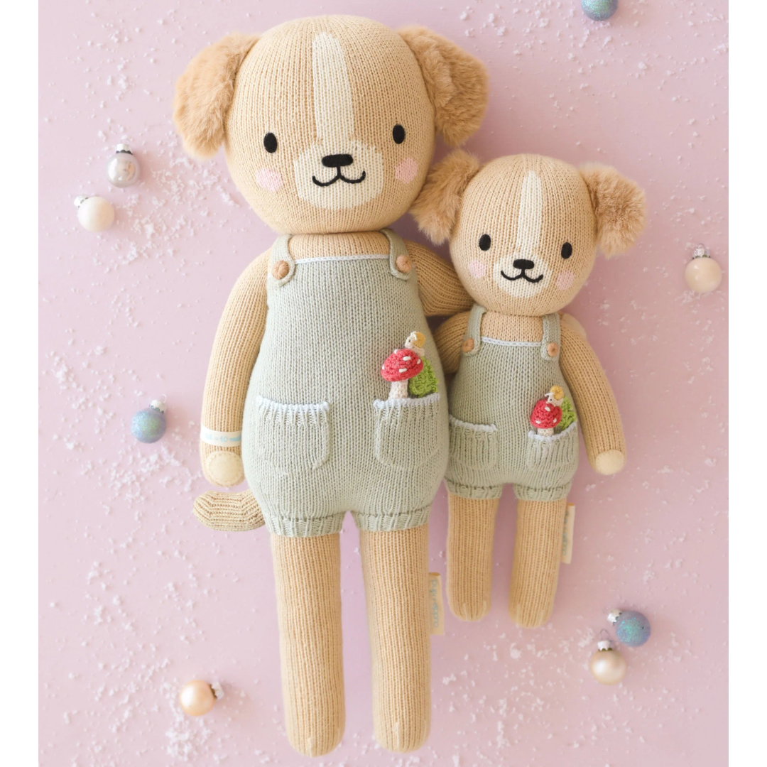 Two teddy bear dogs wearing green rompers on a pink background