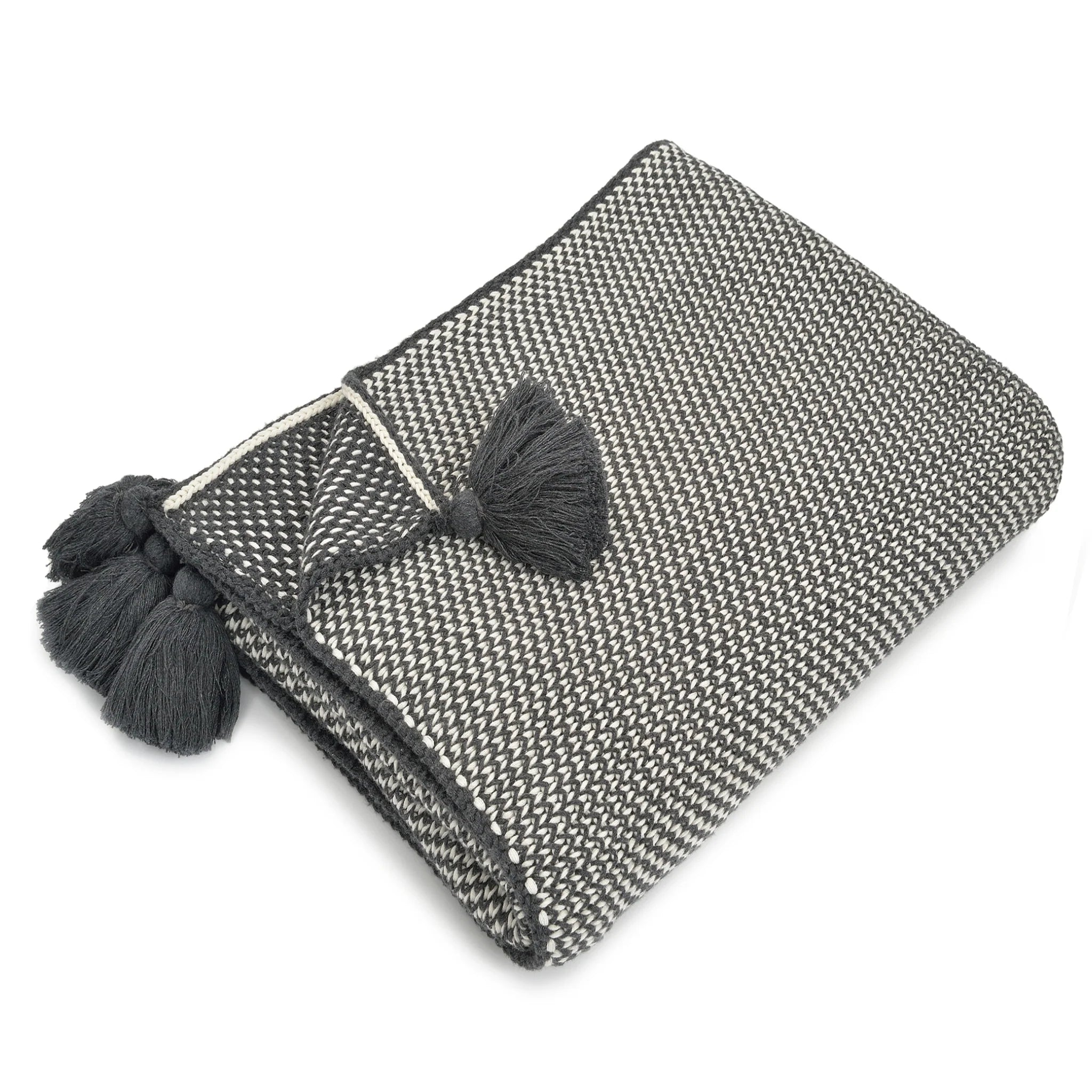 Jeté à pompons Jordan - Anthracite et ivoire