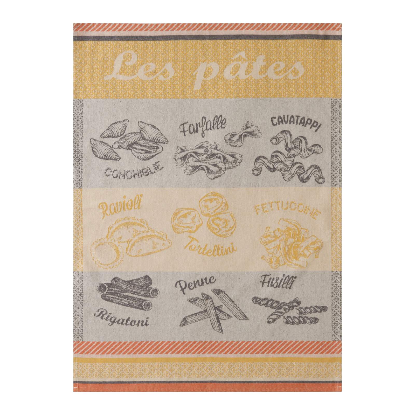 Tea towel with pasta illustrations and text on a white background