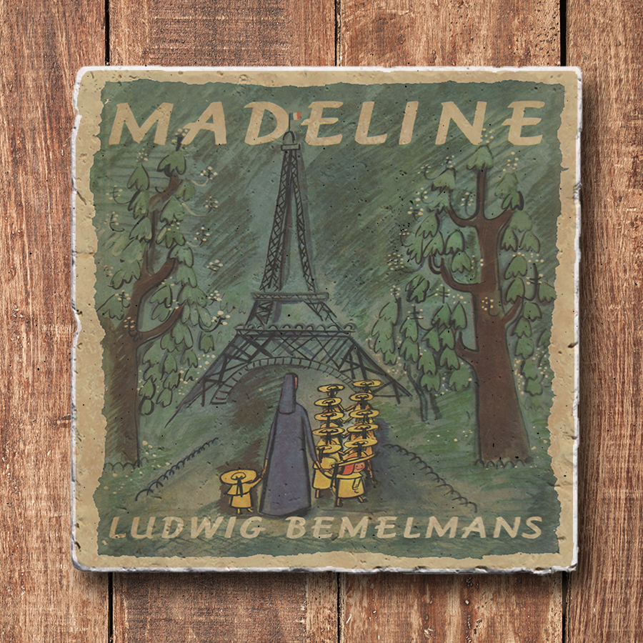 A square ceramic coaster with a vintage book cover design featuring the title 'Madeline' and the author's name, Ludwig Bemelmans, in a forest and cityscape setting.