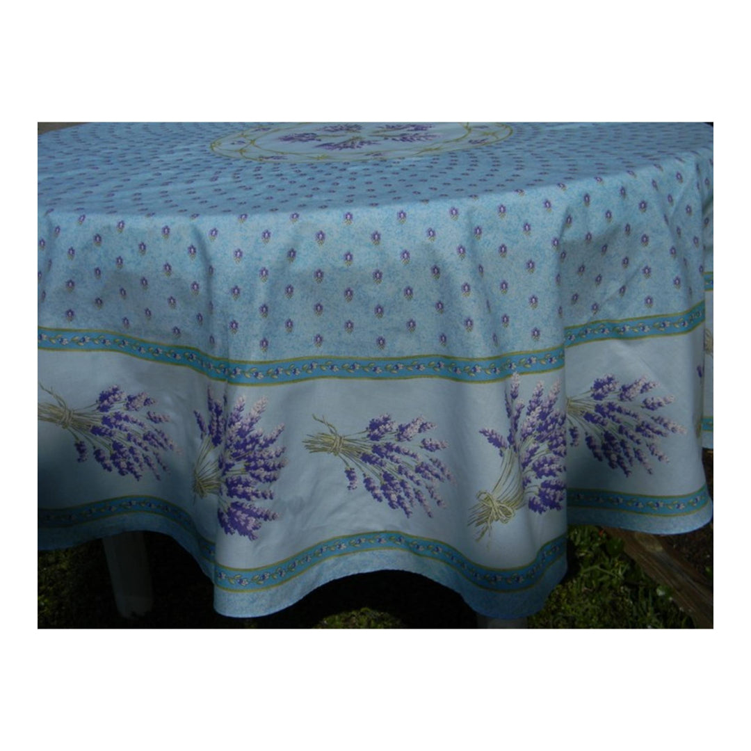 Round tablecloth with lavender design on a white background