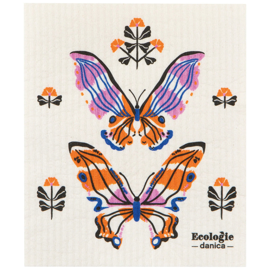 Sponge cloth with butterfly design and 'Ecologie danica' branding on a white background