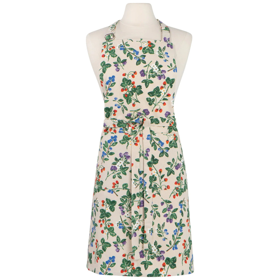 Floral apron on a mannequin against a white background