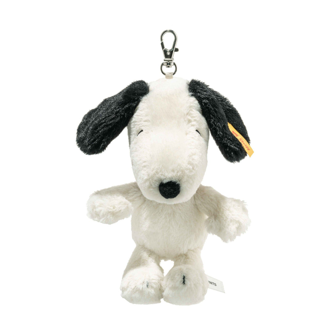 Plush Snoopy with a keychain clip on a white background