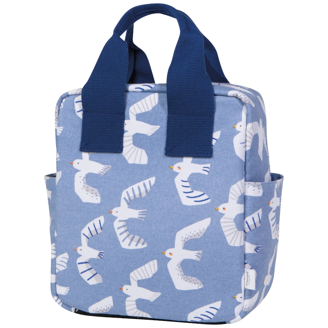 Blue bag with bird pattern on a white background