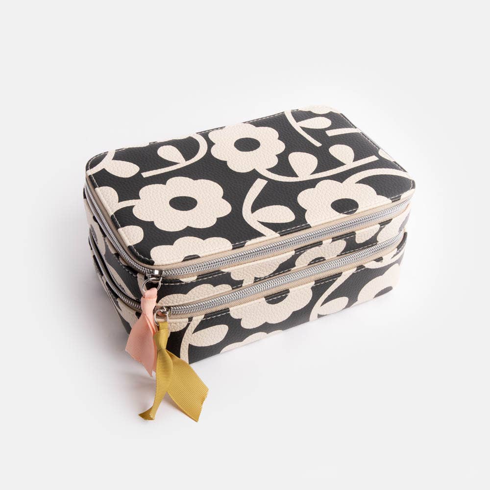 Floral-patterned makeup bag with a yellow ribbon on a white background