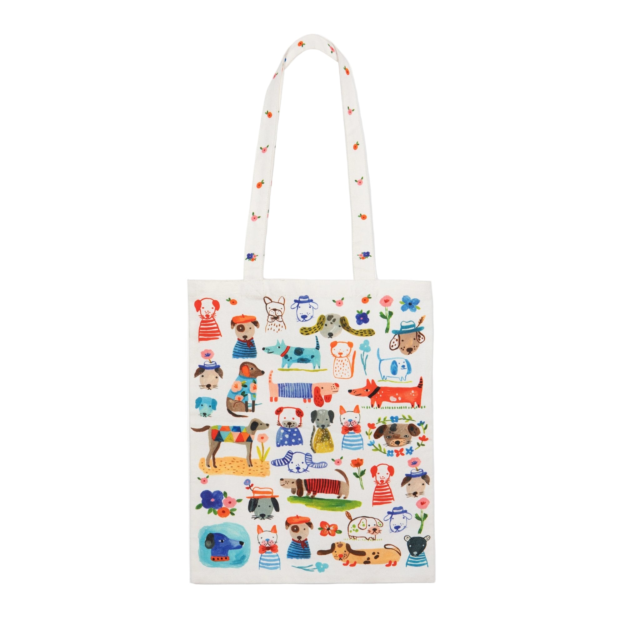 Reusable shopping bag with colorful animal and child pattern on a white background