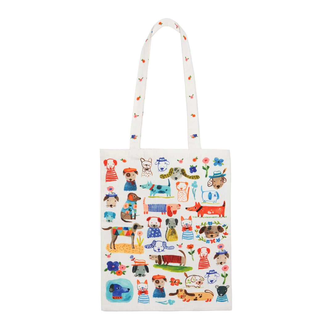 Reusable shopping bag with colorful animal and child pattern on a white background