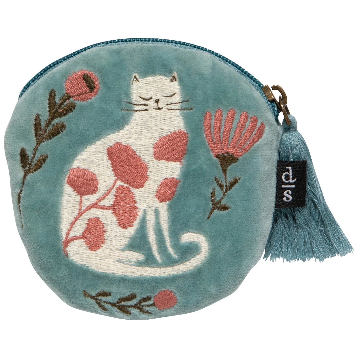 Round embroidered pouch with a cat design on a blue background