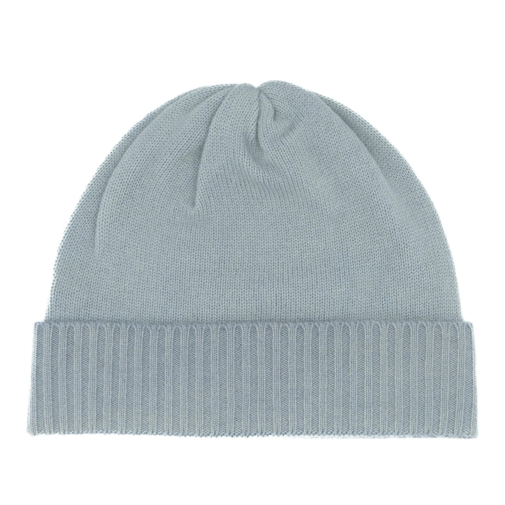 Light blue knit beanie on a white background