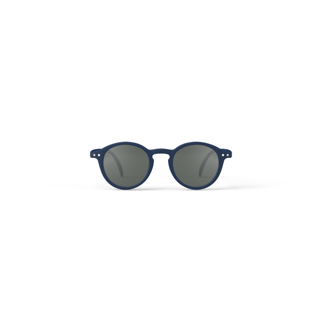 Sunglasses with dark lenses and blue frame on a white background