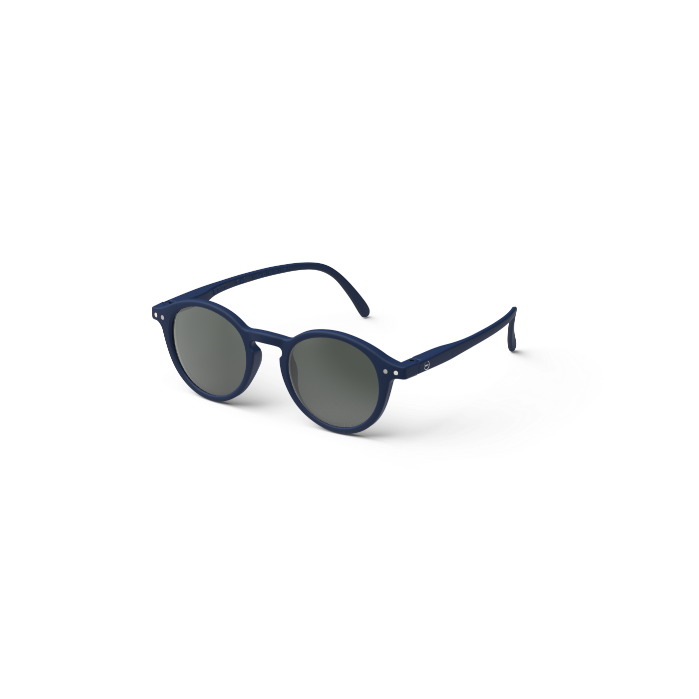 A pair of navy blue junior sunglasses with a round shape and mirrored lenses.