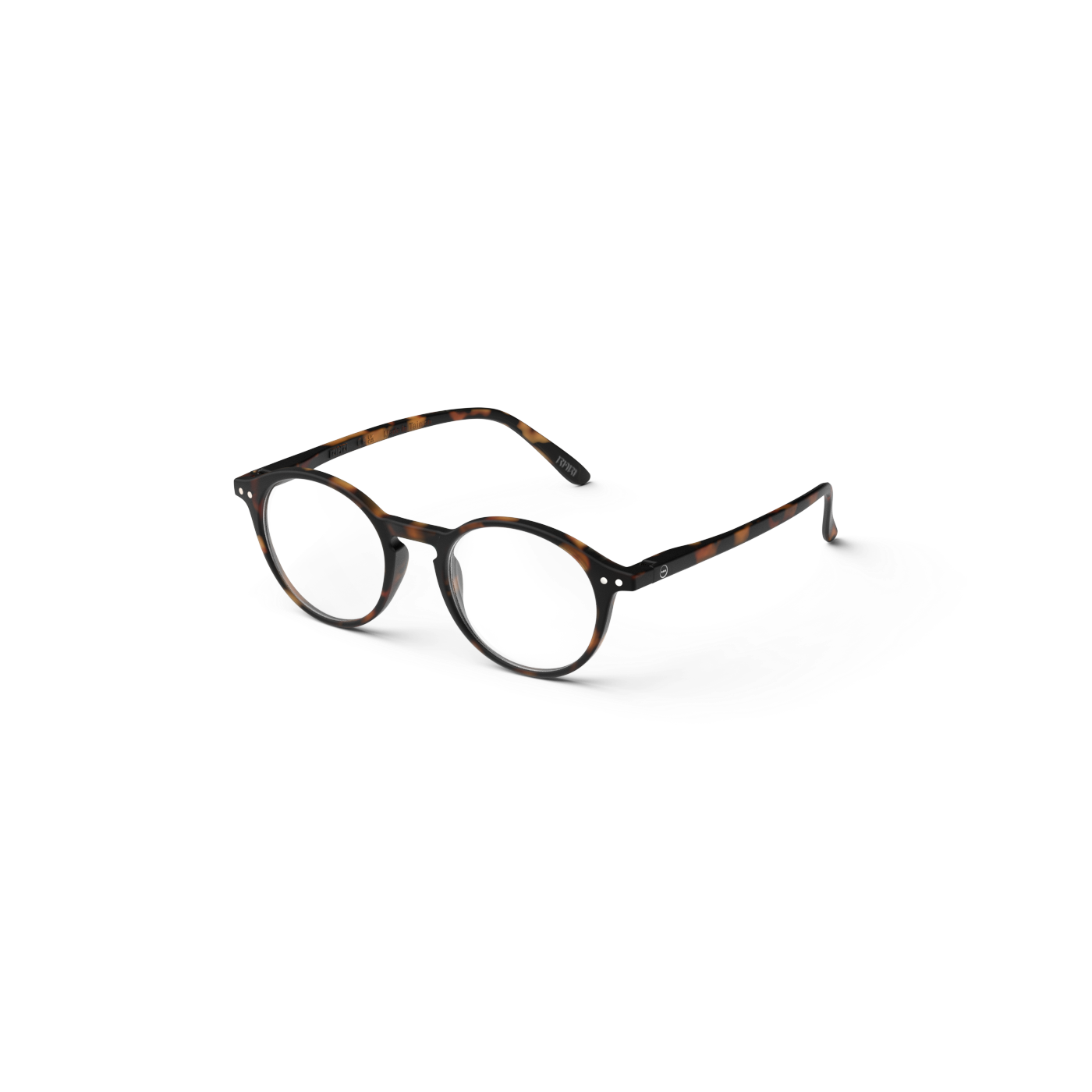 Round tortoise-patterned reading glasses and clear lenses.