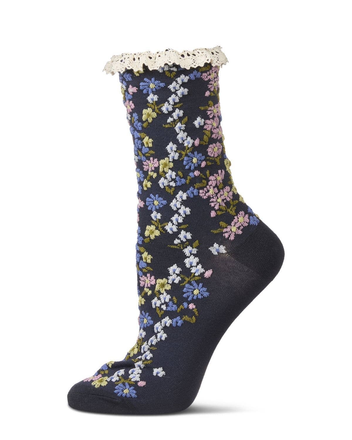 Liberty Floral Lace Cuff Crew Socks Black