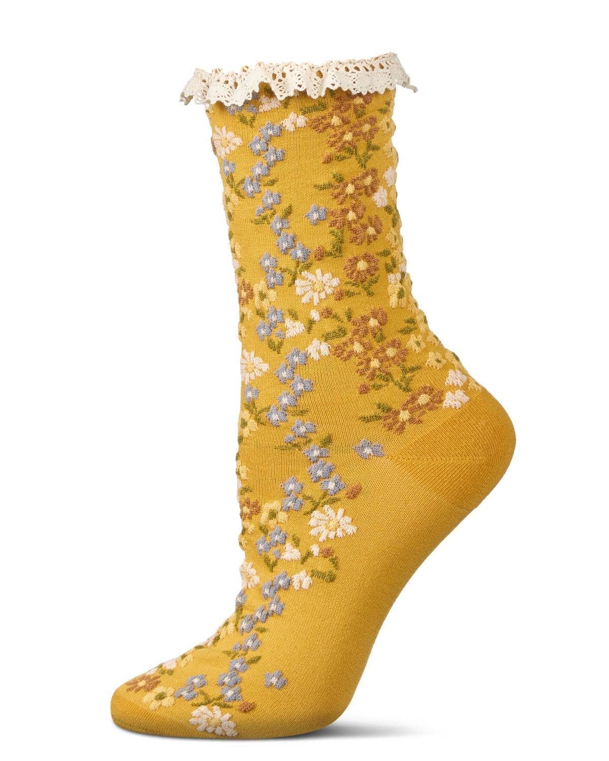 Liberty Floral Lace Cuff Crew: Mustard